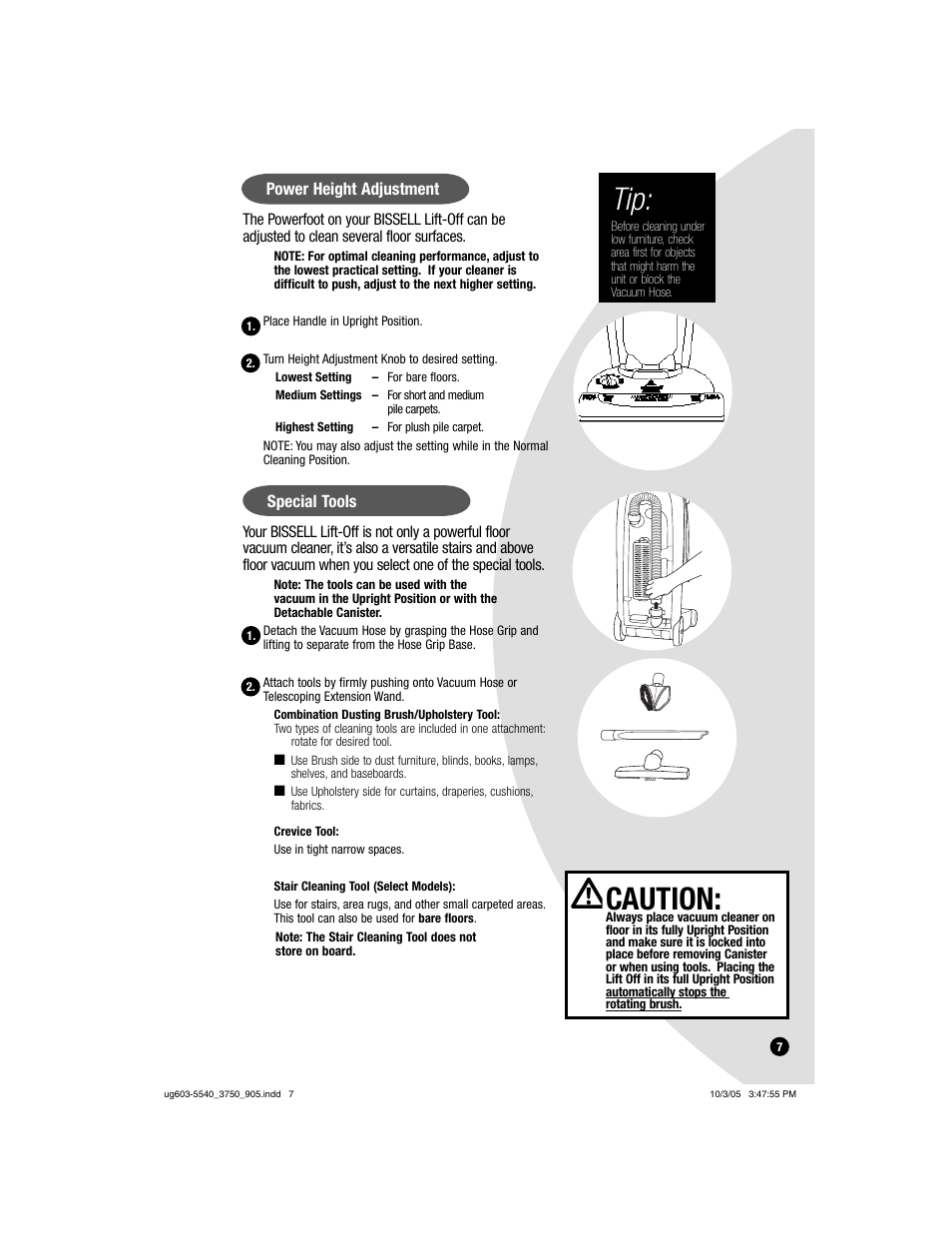 Caution, Power height adjustment, Special tools | Bissell 6595 User Manual | Page 7 / 16