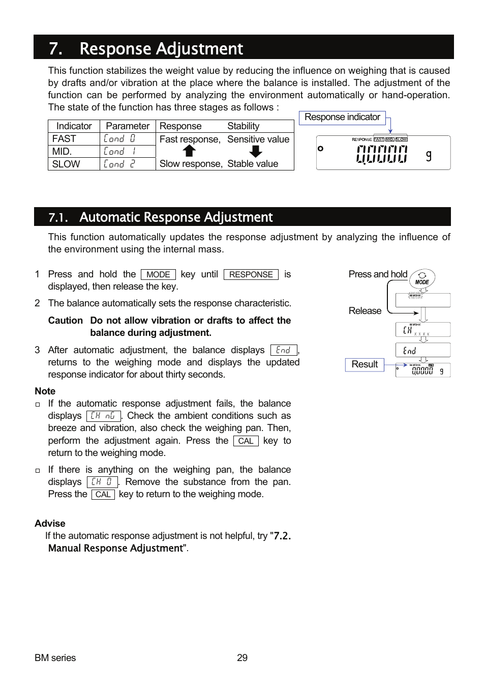 Response adjustment, Automatic response adjustment | A&D Weighing BM-20 User Manual | Page 31 / 96