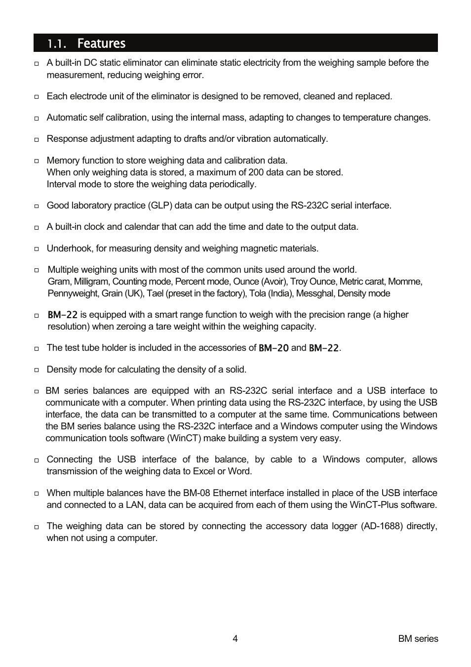 Features | A&D Weighing BM-20 User Manual | Page 6 / 96