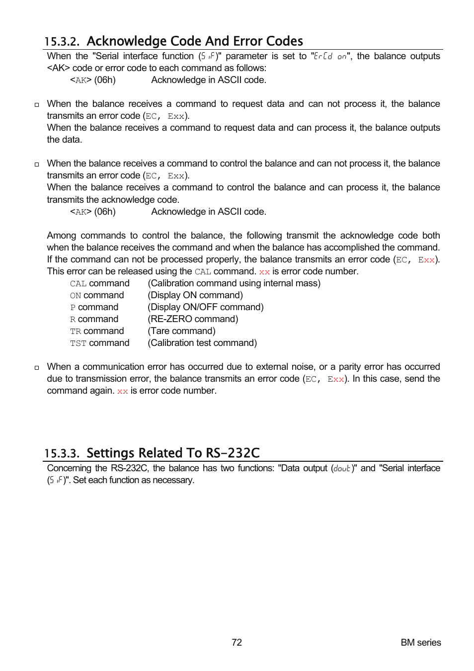 Acknowledge code and error codes, Settings related to rs-232c | A&D Weighing BM-20 User Manual | Page 74 / 96