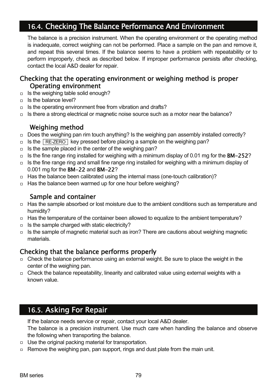 Checking the balance performance and environment, Asking for repair | A&D Weighing BM-20 User Manual | Page 81 / 96