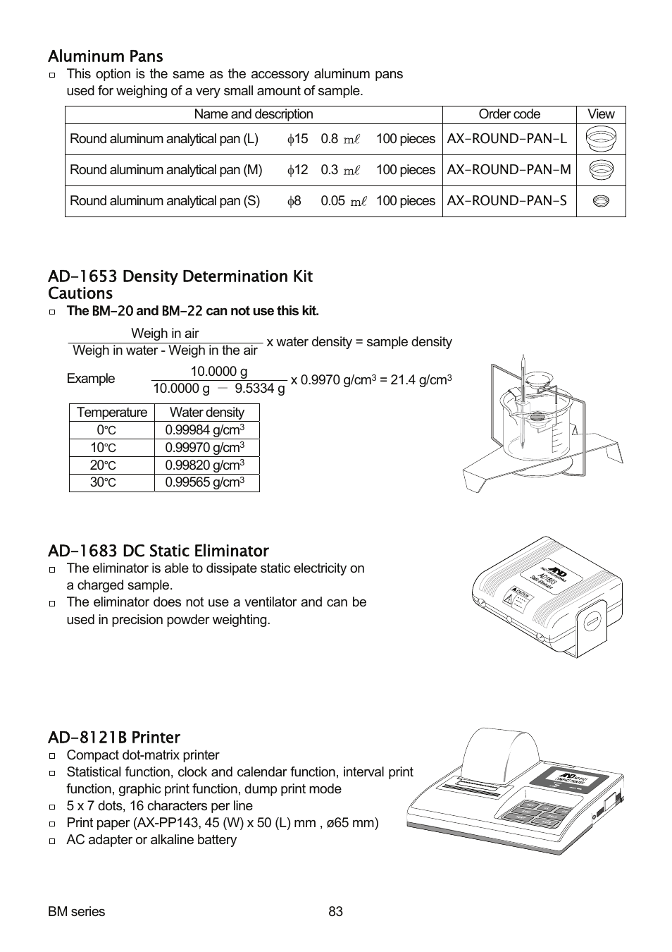 Aluminum pans, Ad-1653 density determination kit cautions, Ad-1683 dc static eliminator | Ad-8121b printer | A&D Weighing BM-20 User Manual | Page 85 / 96