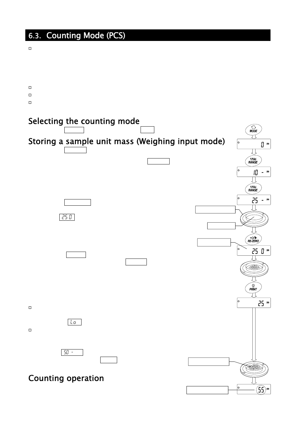 Counting mode (pcs), Selecting the counting mode, Storing a sample unit mass (weighing input mode) | Counting operation | A&D Weighing GH-252 User Manual | Page 20 / 86