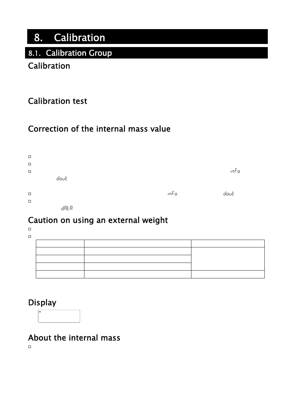 Calibration, Calibration group calibration, Calibration test | Correction of the internal mass value, Caution on using an external weight, Display, About the internal mass | A&D Weighing GH-252 User Manual | Page 25 / 86