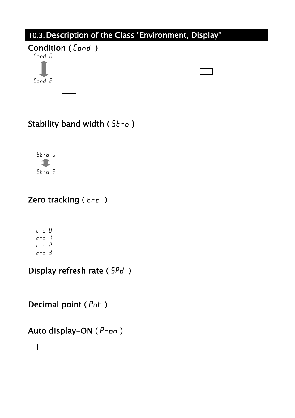 Stability band width ( 5t-b ), Zero tracking ( trc ), Display refresh rate ( 5pd ) | Decimal point ( pnt ), Auto display-on ( p-on ) | A&D Weighing GH-252 User Manual | Page 39 / 86