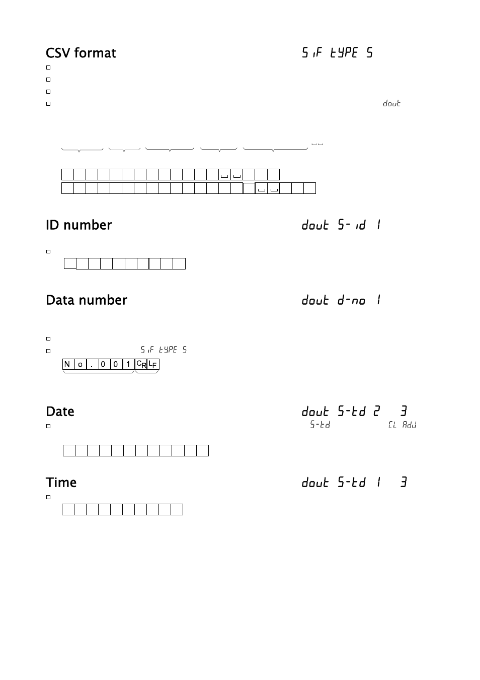 Csv format 5if type 5, Id number dout 5-id 1, Data number dout d-no 1 | Date dout 5-td 2 or 3, Time dout 5-td 1 or 3 | A&D Weighing GH-252 User Manual | Page 43 / 86