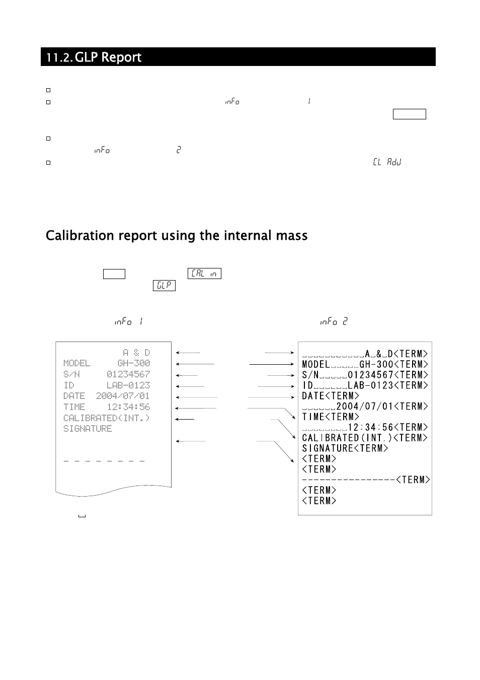 Glp report, Calibration report using the internal mass | A&D Weighing GH-252 User Manual | Page 49 / 86