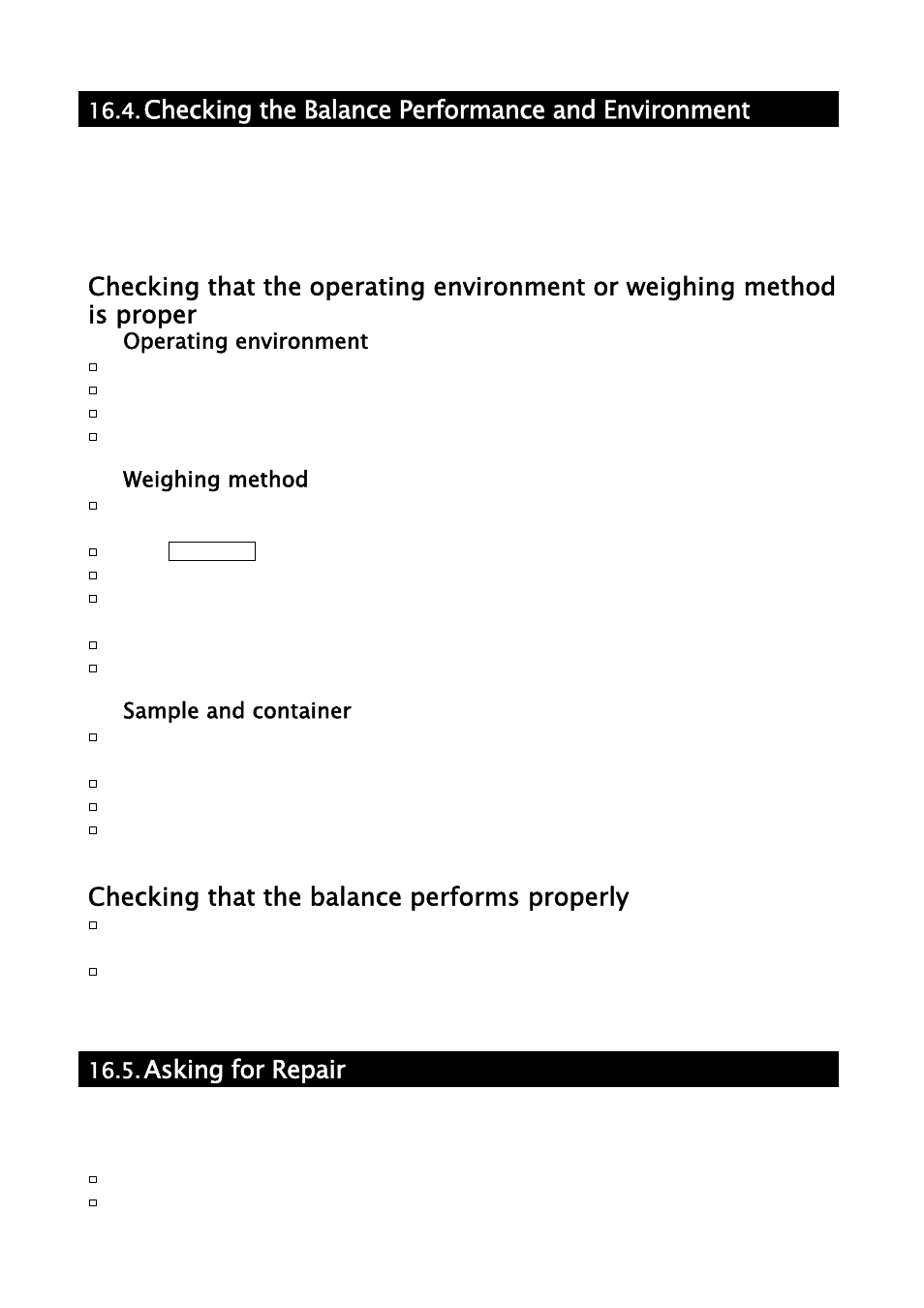 Checking the balance performance and environment, Checking that the balance performs properly, Asking for repair | A&D Weighing GH-252 User Manual | Page 75 / 86