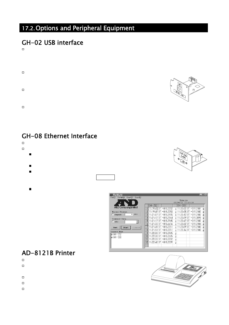 Options and peripheral equipment, Gh-02 usb interface, Gh-08 ethernet interface | Ad-8121b printer | A&D Weighing GH-252 User Manual | Page 78 / 86