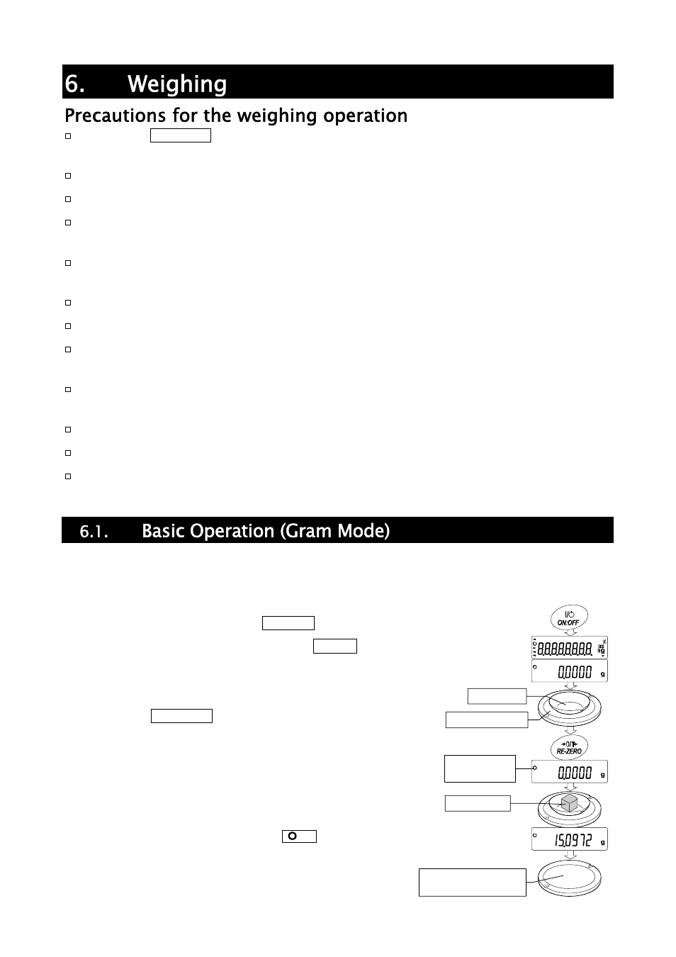 Weighing, Precautions for the weighing operation, Basic operation (gram mode) | A&D Weighing HR-202i User Manual | Page 16 / 62