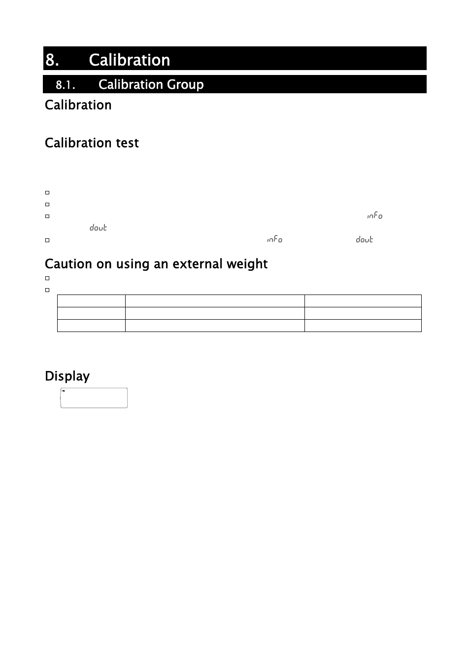 Calibration, Calibration group calibration, Calibration test | Caution on using an external weight, Display | A&D Weighing HR-202i User Manual | Page 22 / 62