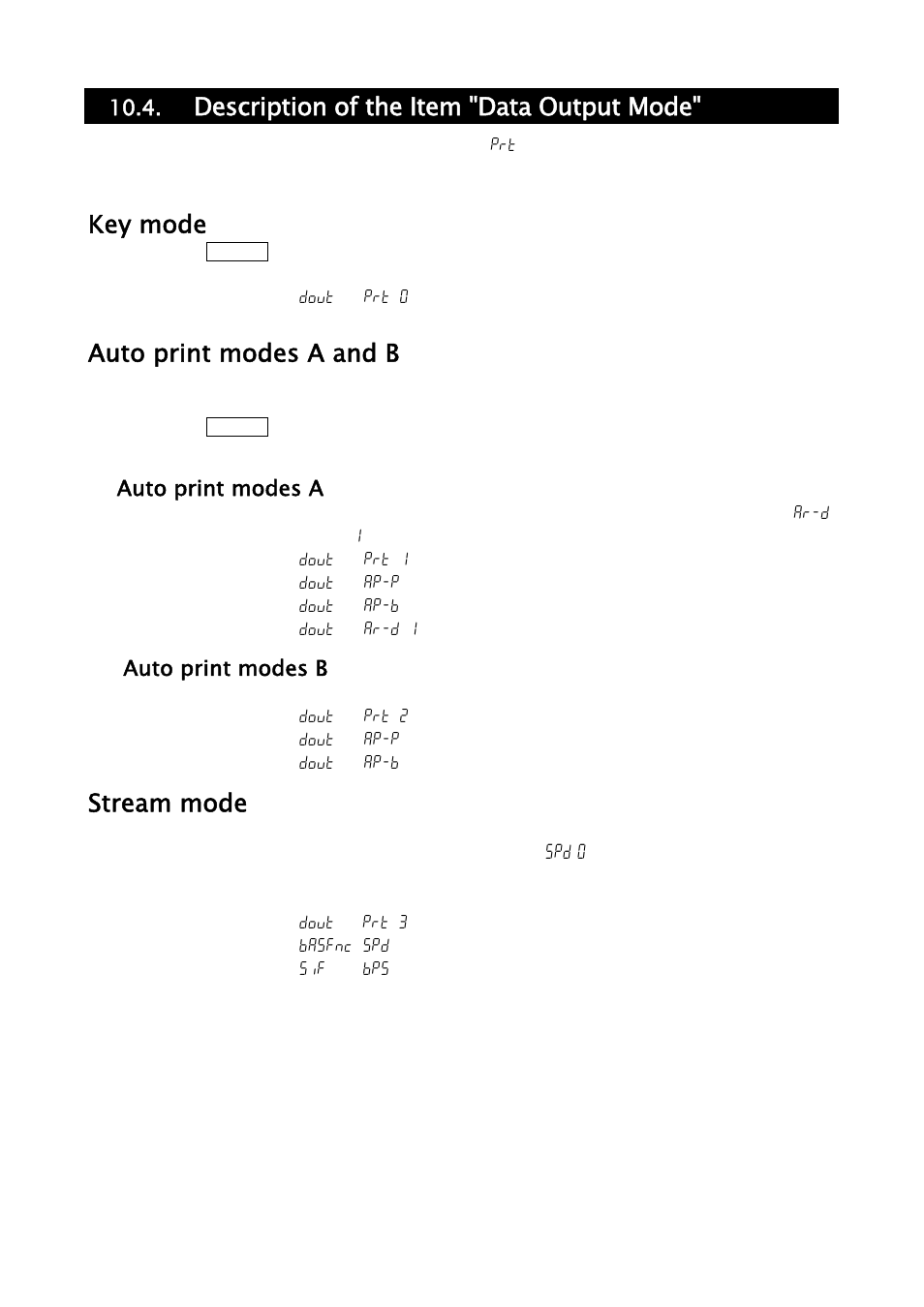 Description of the item "data output mode, Key mode, Auto print modes a and b | Stream mode | A&D Weighing HR-202i User Manual | Page 33 / 62