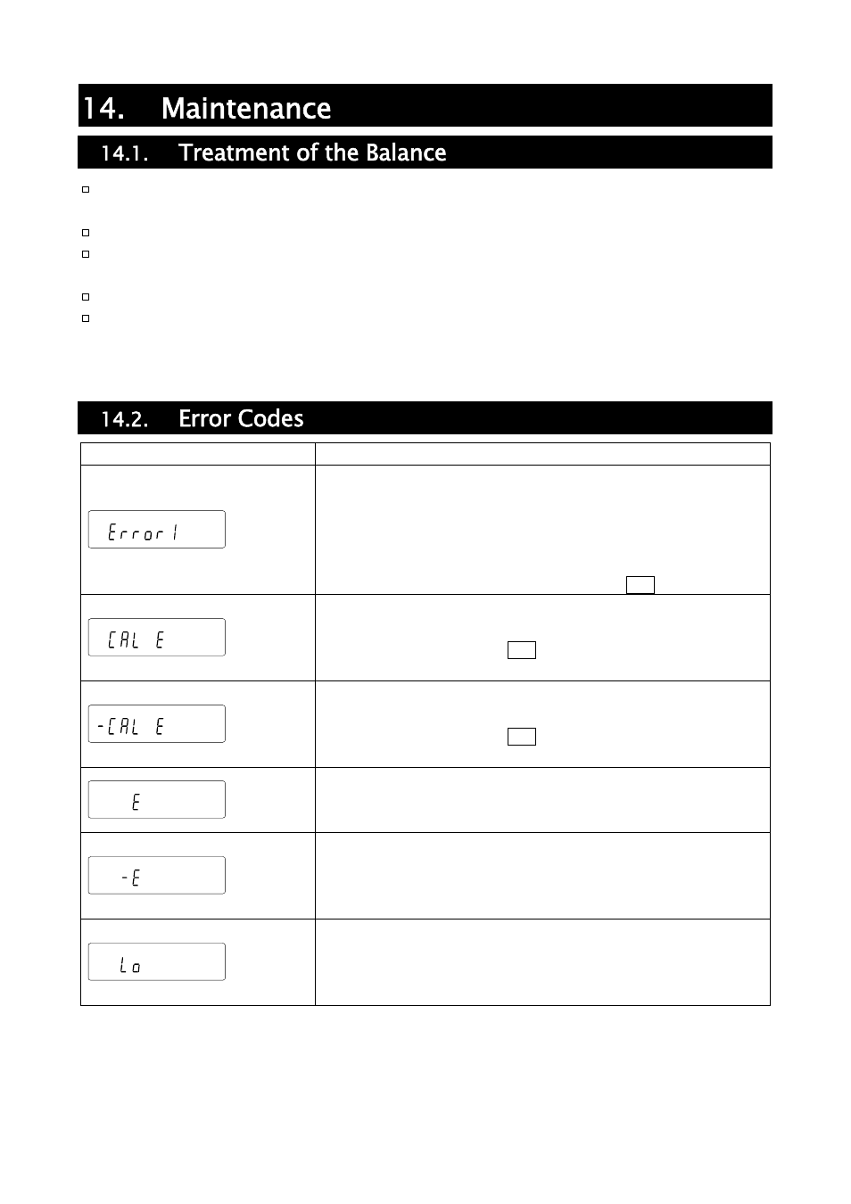 Maintenance, Treatment of the balance, Error codes | A&D Weighing HR-202i User Manual | Page 52 / 62