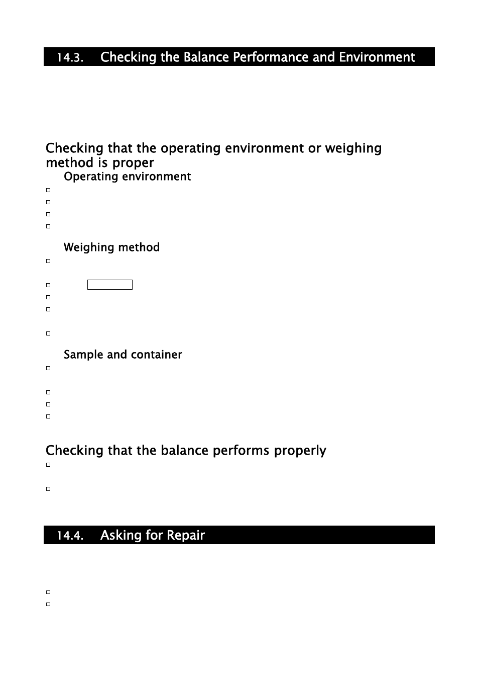 Checking the balance performance and environment, Checking that the balance performs properly, Asking for repair | A&D Weighing HR-202i User Manual | Page 54 / 62