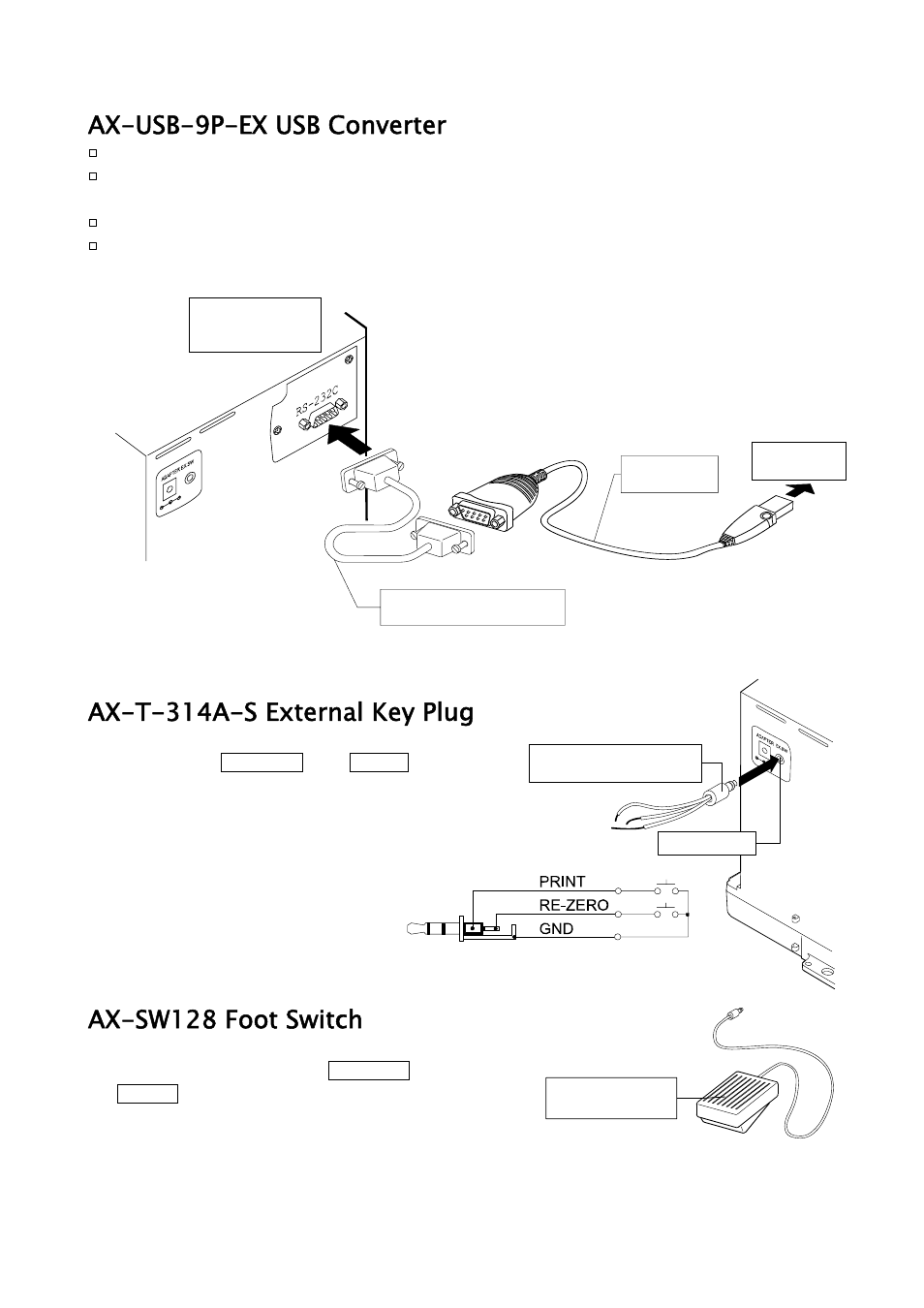 Ax-usb-9p-ex usb converter, Ax-t-314a-s external key plug, Ax-sw128 foot switch | A&D Weighing HR-202i User Manual | Page 58 / 62