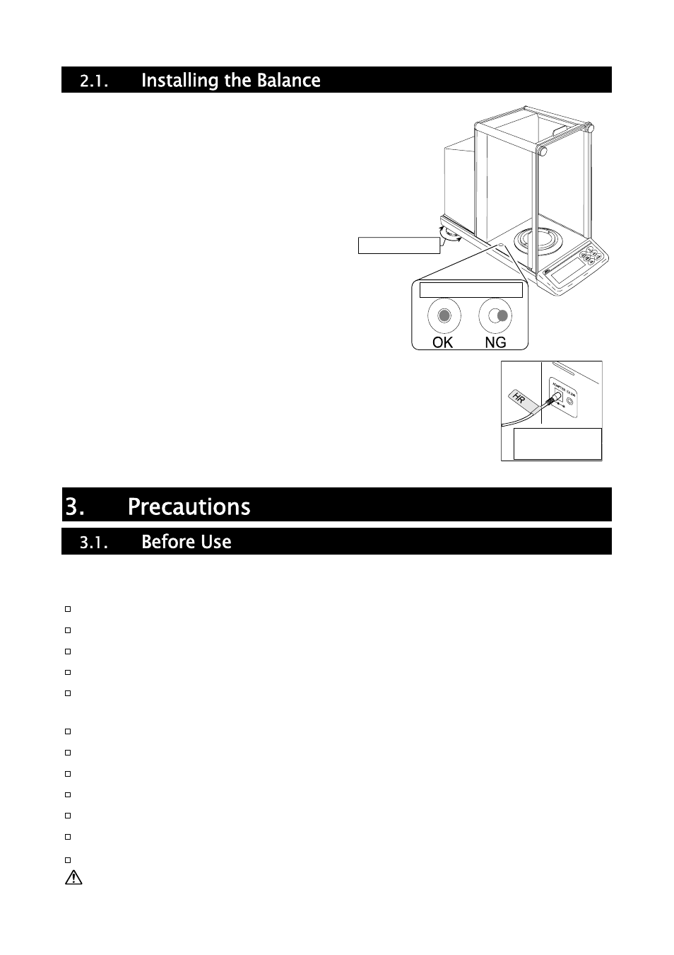 Precautions, Installing the balance, Before use | A&D Weighing HR-202i User Manual | Page 9 / 62