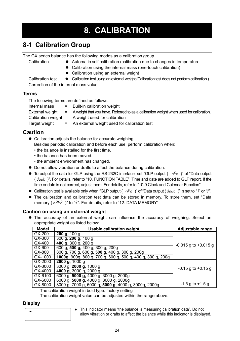 Calibration, 1 calibration group, Caution | A&D Weighing GX-8000 User Manual | Page 26 / 92