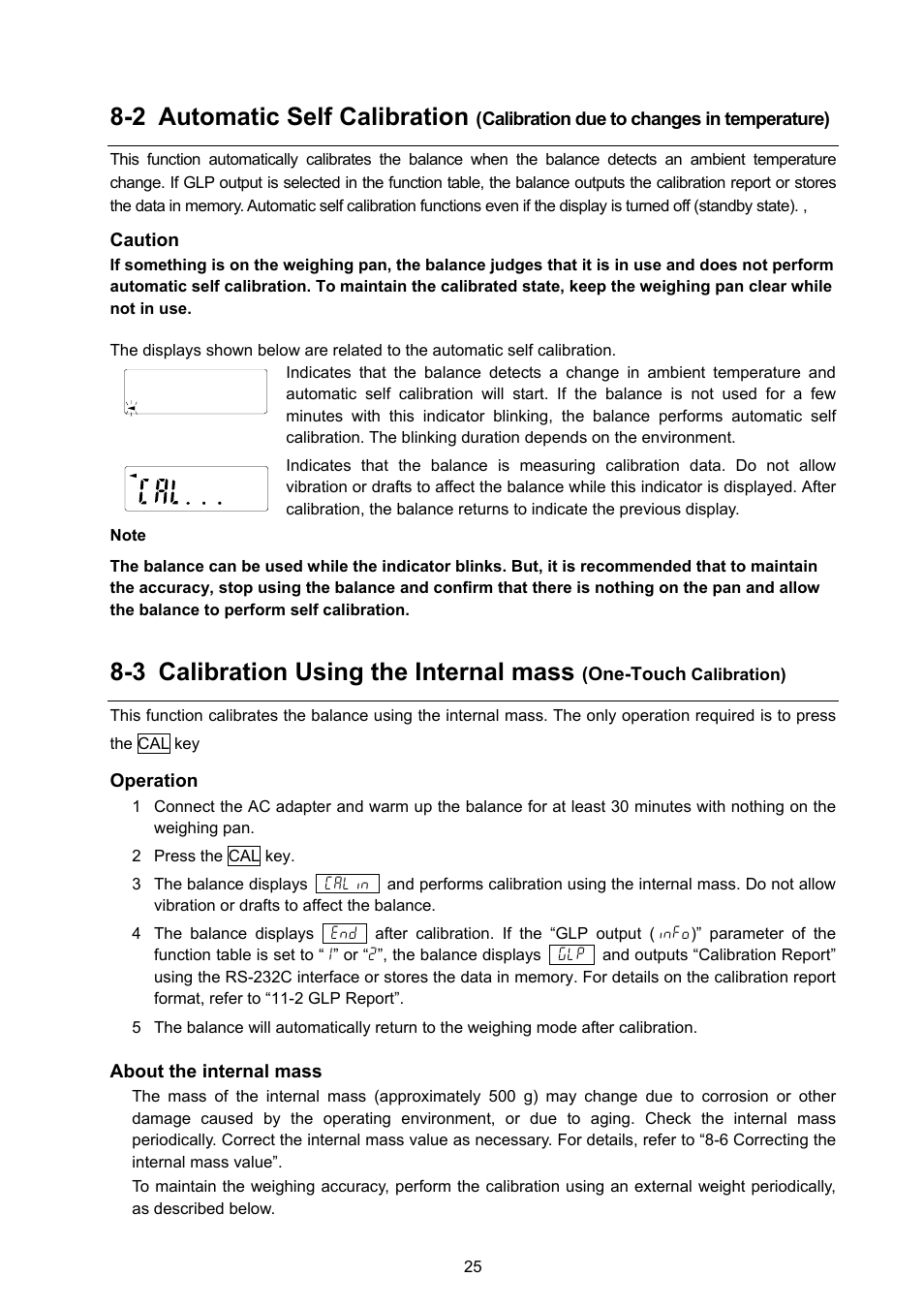 2 automatic self calibration, 3 calibration using the internal mass | A&D Weighing GX-8000 User Manual | Page 27 / 92