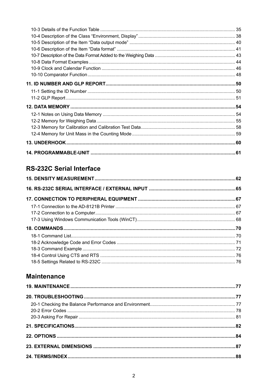 Rs-232c serial interface, Maintenance | A&D Weighing GX-8000 User Manual | Page 4 / 92