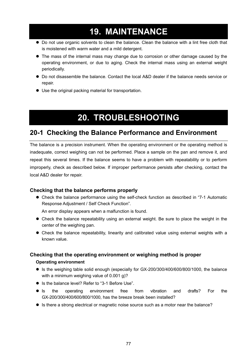 Maintenance, Troubleshooting, 1 checking the balance performance and environment | A&D Weighing GX-8000 User Manual | Page 79 / 92