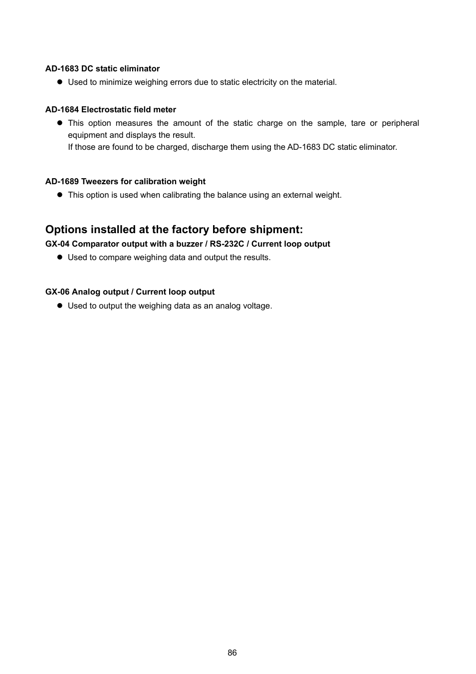 Options installed at the factory before shipment | A&D Weighing GX-8000 User Manual | Page 88 / 92