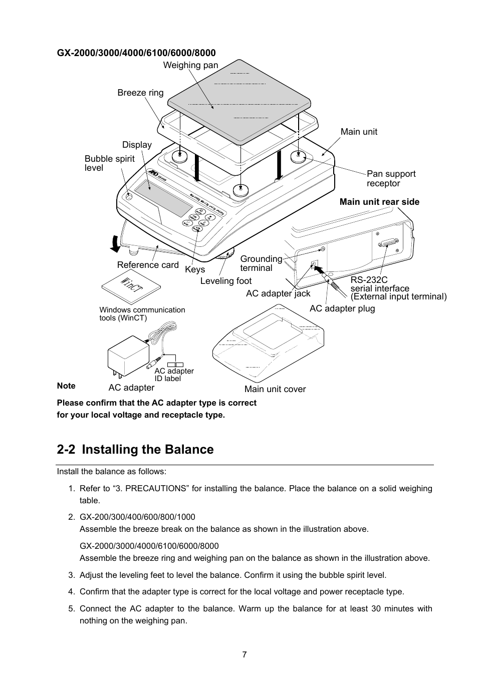 2 installing the balance | A&D Weighing GX-8000 User Manual | Page 9 / 92