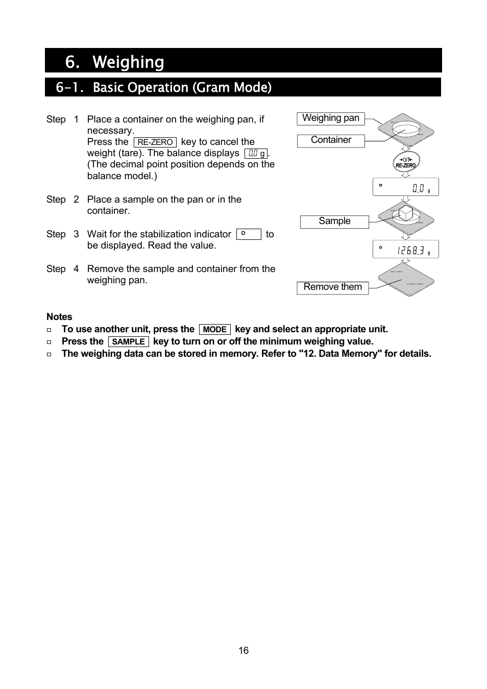 Weighing, 1. basic operation (gram mode) | A&D Weighing GF-32K User Manual | Page 18 / 104