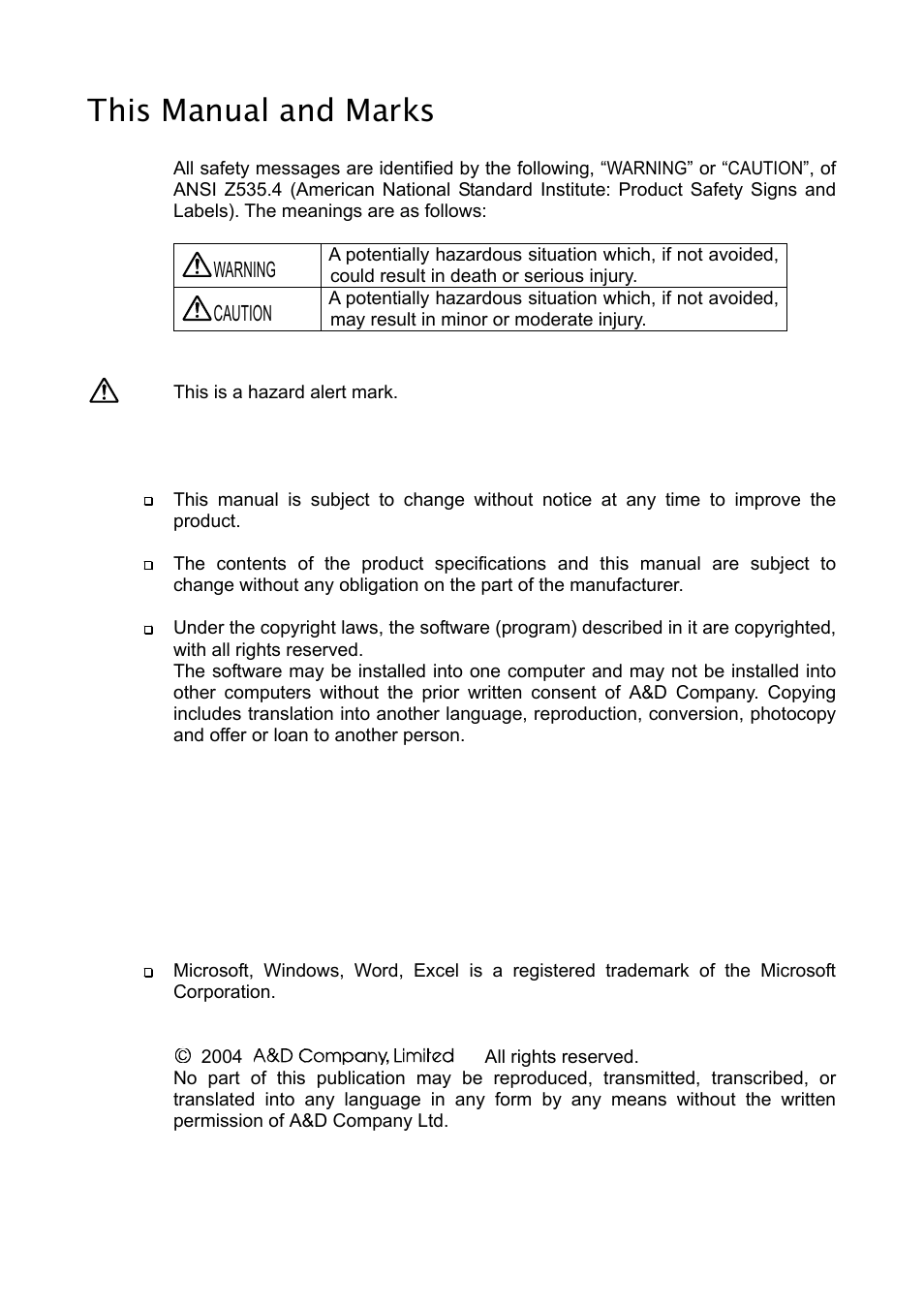 This manual and marks | A&D Weighing GF-32K User Manual | Page 2 / 104