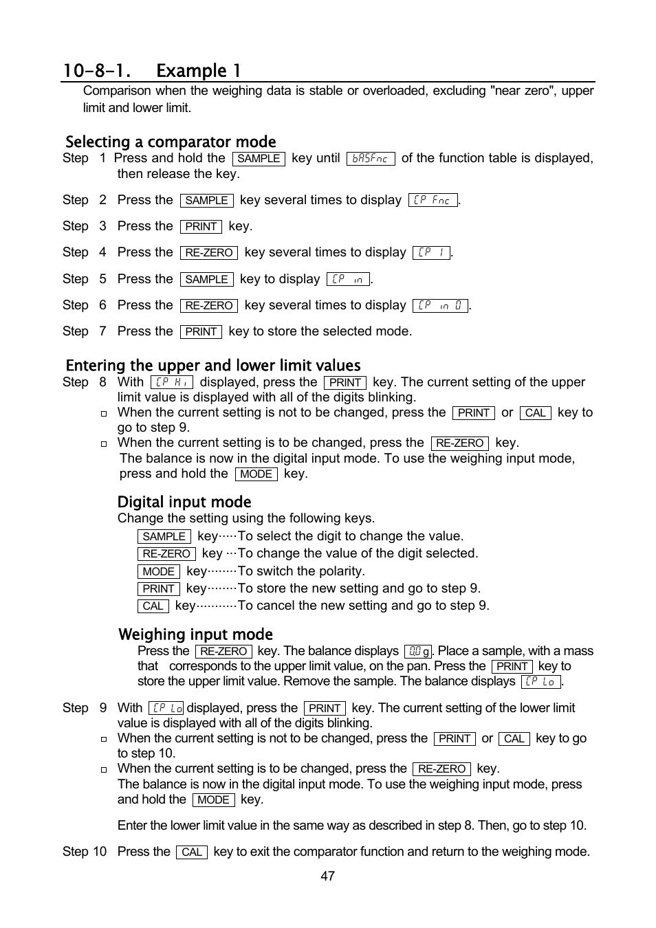 8-1. example 1, Selecting a comparator mode, Entering the upper and lower limit values | Digital input mode, Weighing input mode | A&D Weighing GF-32K User Manual | Page 49 / 104