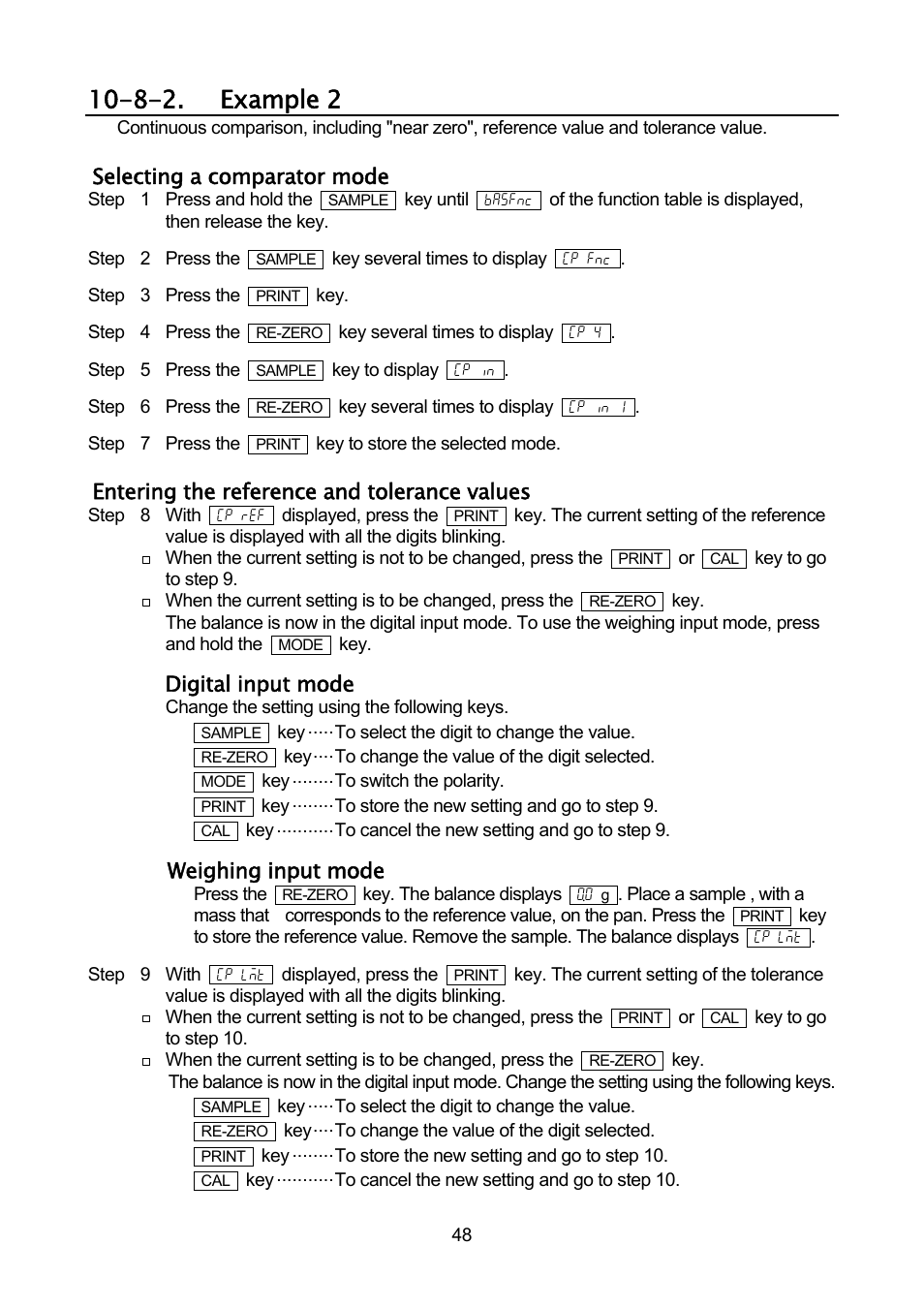 8-2. example 2, Selecting a comparator mode, Entering the reference and tolerance values | Digital input mode, Weighing input mode | A&D Weighing GF-32K User Manual | Page 50 / 104