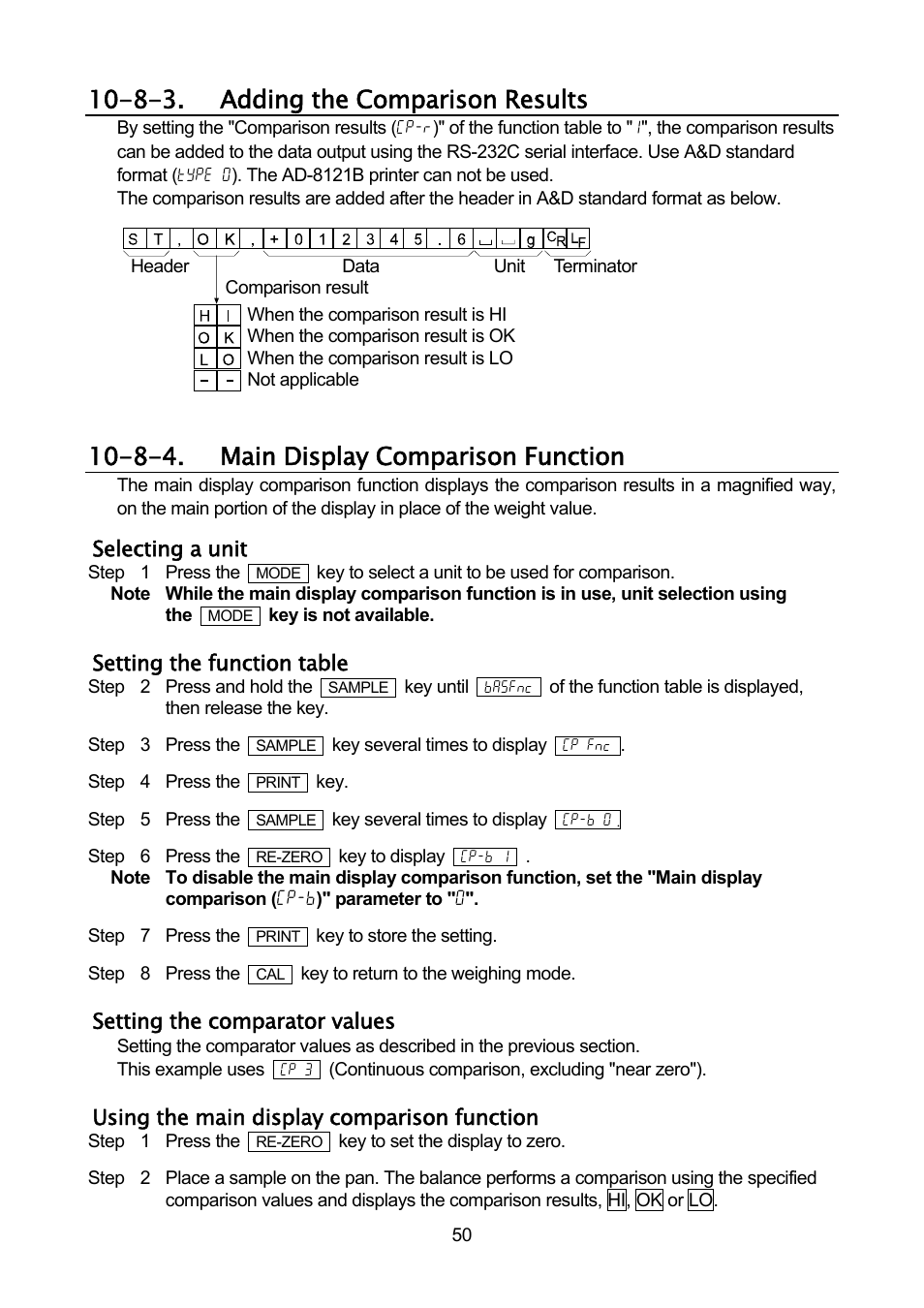 8-3. adding the comparison results, 8-4. main display comparison function | A&D Weighing GF-32K User Manual | Page 52 / 104