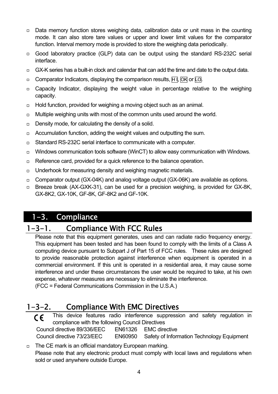 3. compliance 1-3-1. compliance with fcc rules, 3-2. compliance with emc directives | A&D Weighing GF-32K User Manual | Page 6 / 104