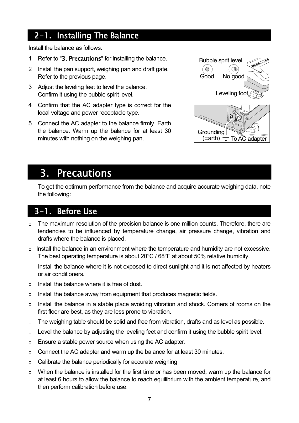 Precautions, 1. installing the balance, 1. before use | A&D Weighing GF-32K User Manual | Page 9 / 104