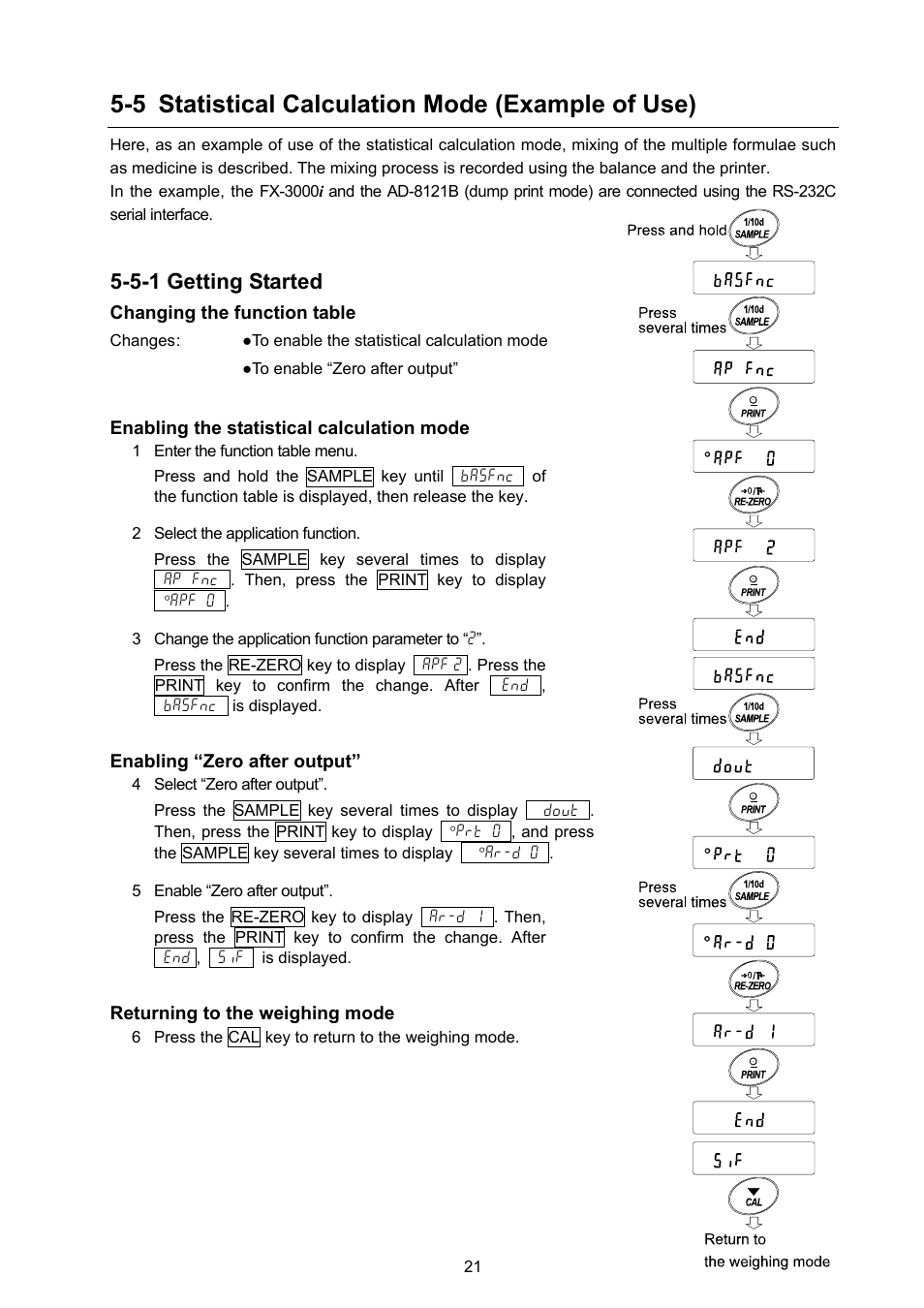 5 statistical calculation mode (example of use), 5-1 getting started | A&D Weighing FX-3000i User Manual | Page 23 / 74