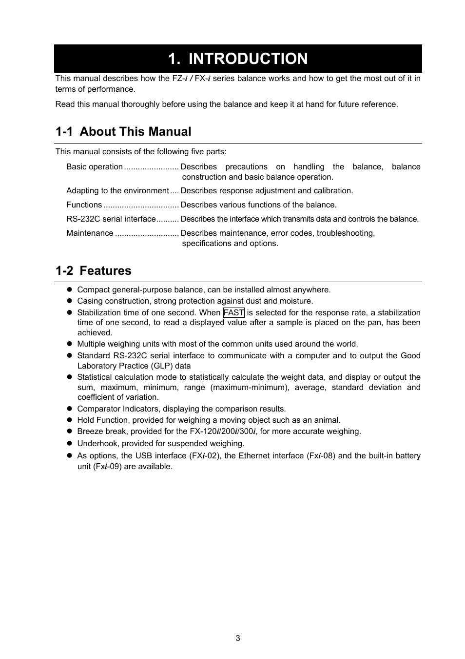 Introduction, 1 about this manual, 2 features | A&D Weighing FX-3000i User Manual | Page 5 / 74