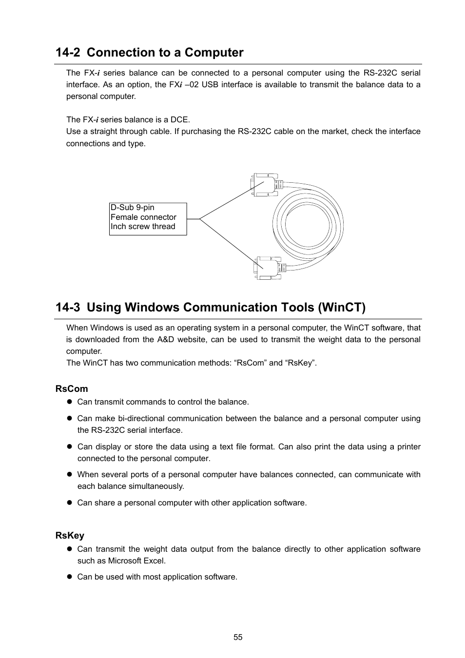 2 connection to a computer, 3 using windows communication tools (winct) | A&D Weighing FX-3000i User Manual | Page 57 / 74