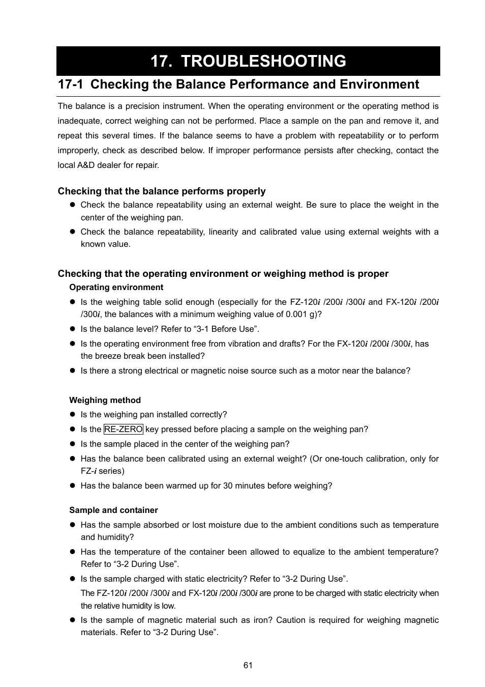 Troubleshooting, 1 checking the balance performance and environment | A&D Weighing FX-3000i User Manual | Page 63 / 74