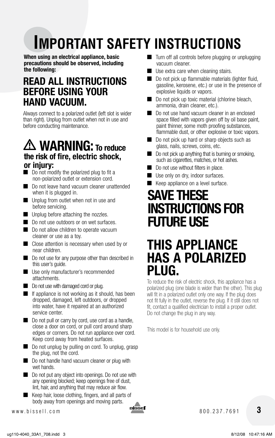 Mportant safety instructions, Warning | Bissell 33A1 User Manual | Page 3 / 8