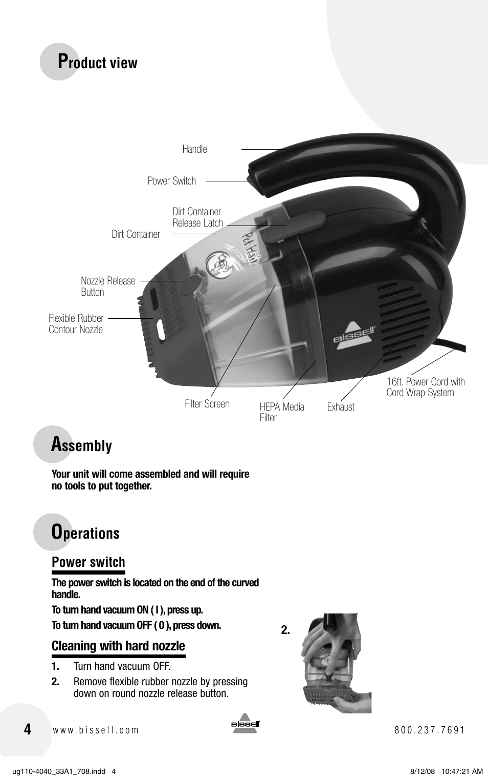 Perations, Ssembly, Roduct view | Bissell 33A1 User Manual | Page 4 / 8