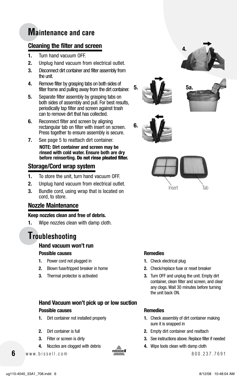 Aintenance and care 6, Roubleshooting, Cleaning the filter and screen | Storage/cord wrap system, Nozzle maintenance | Bissell 33A1 User Manual | Page 6 / 8