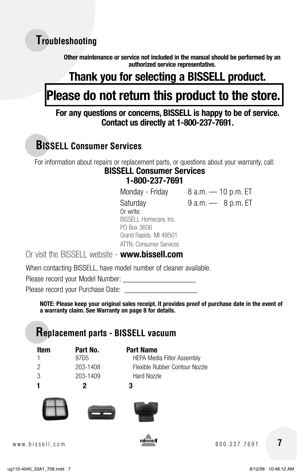 Please do not return this product to the store | Bissell 33A1 User Manual | Page 7 / 8