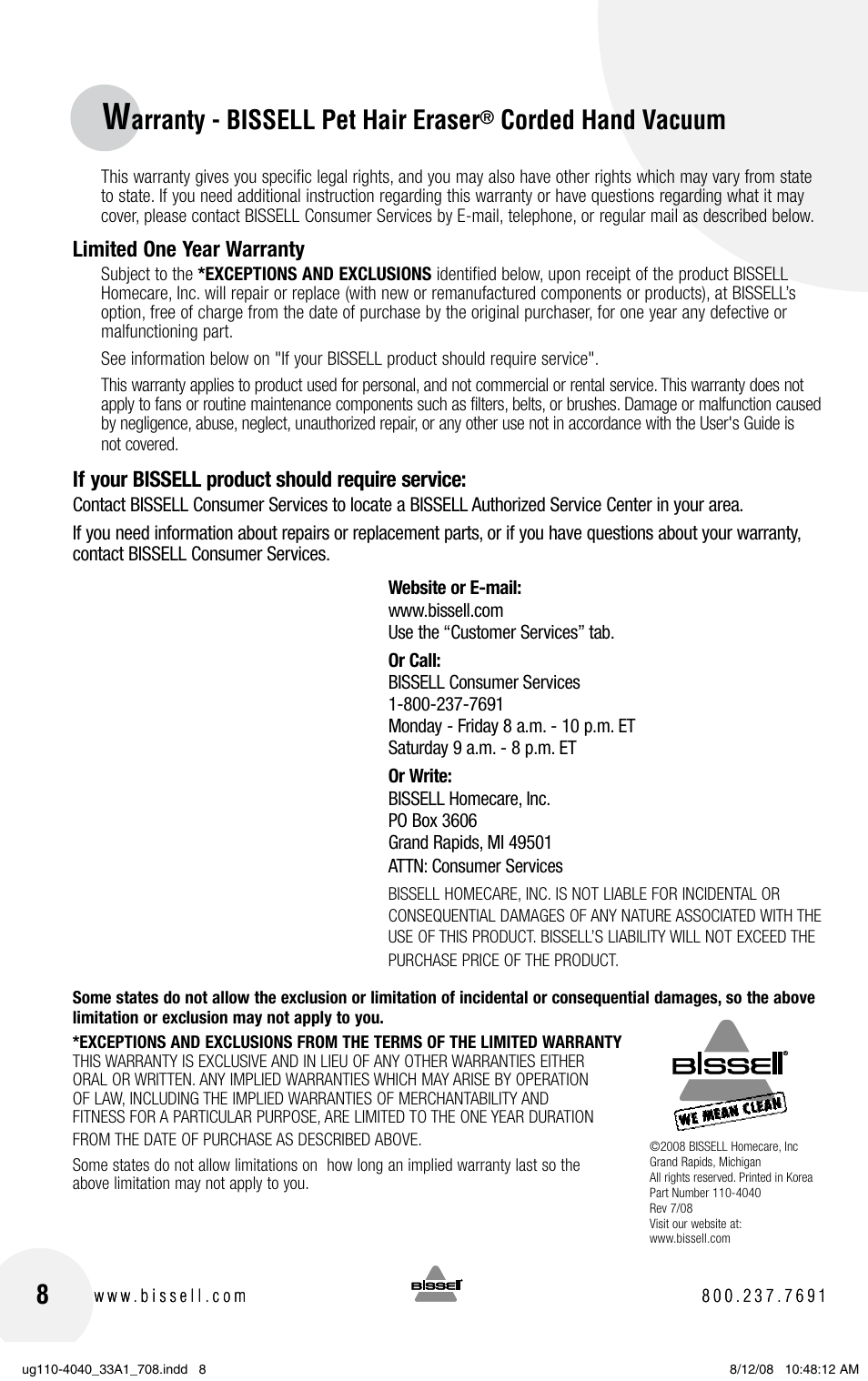 Arranty - bissell pet hair eraser, Corded hand vacuum | Bissell 33A1 User Manual | Page 8 / 8
