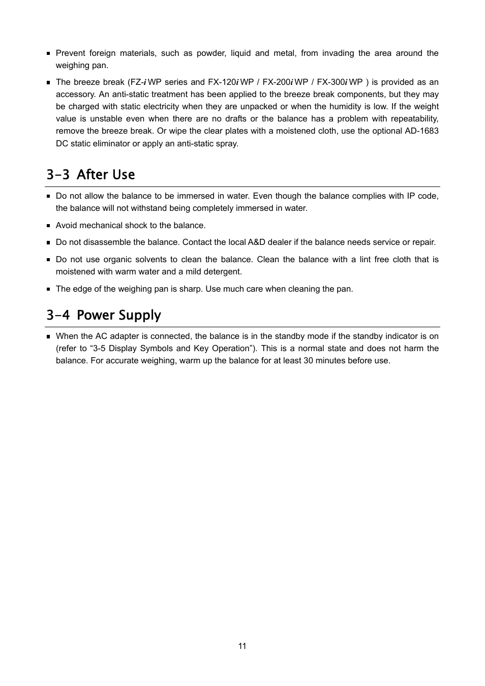 3 after use, 4 power supply | A&D Weighing FX-3000iWP User Manual | Page 13 / 80