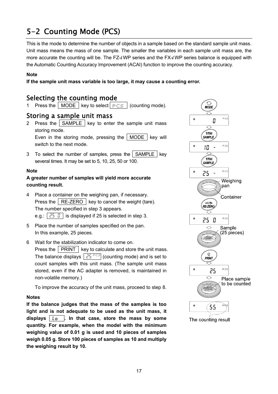 2 counting mode (pcs), Selecting the counting mode, Storing a sample unit mass | A&D Weighing FX-3000iWP User Manual | Page 19 / 80