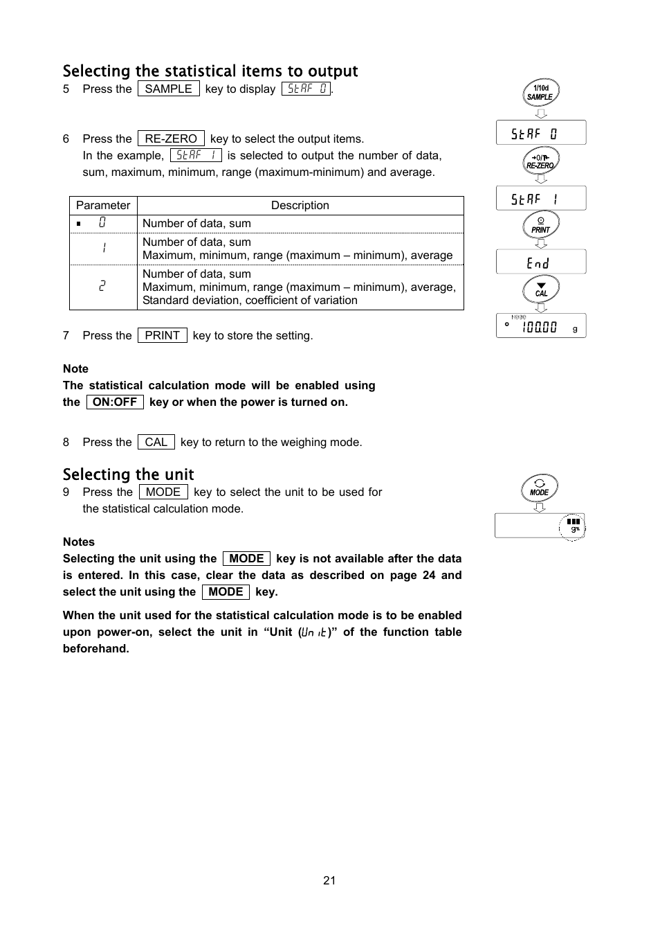 Selecting the statistical items to output, Selecting the unit | A&D Weighing FX-3000iWP User Manual | Page 23 / 80