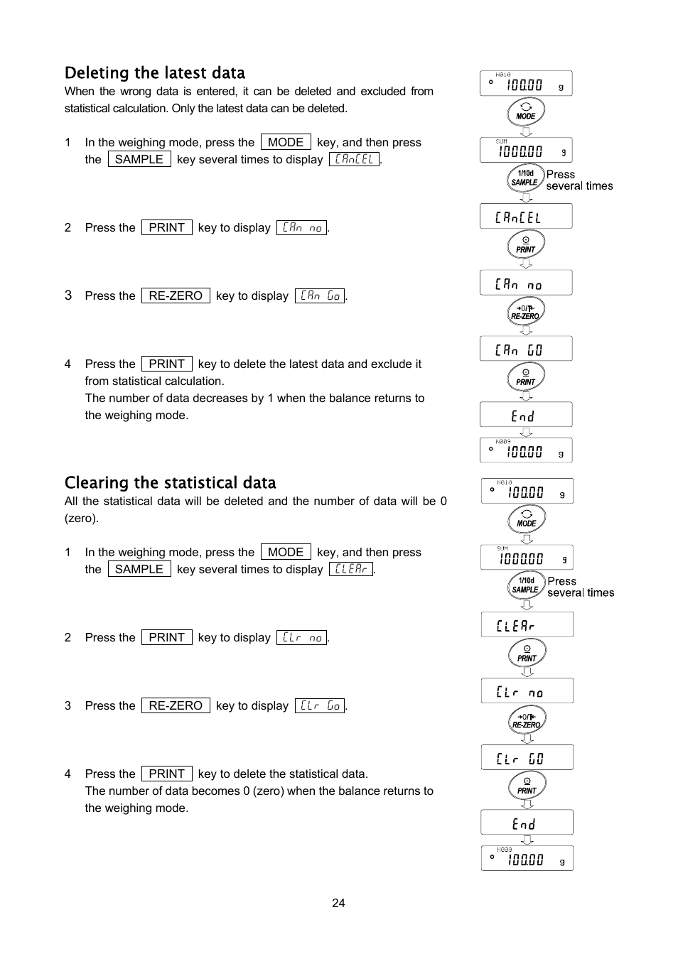 Deleting the latest data, Clearing the statistical data | A&D Weighing FX-3000iWP User Manual | Page 26 / 80