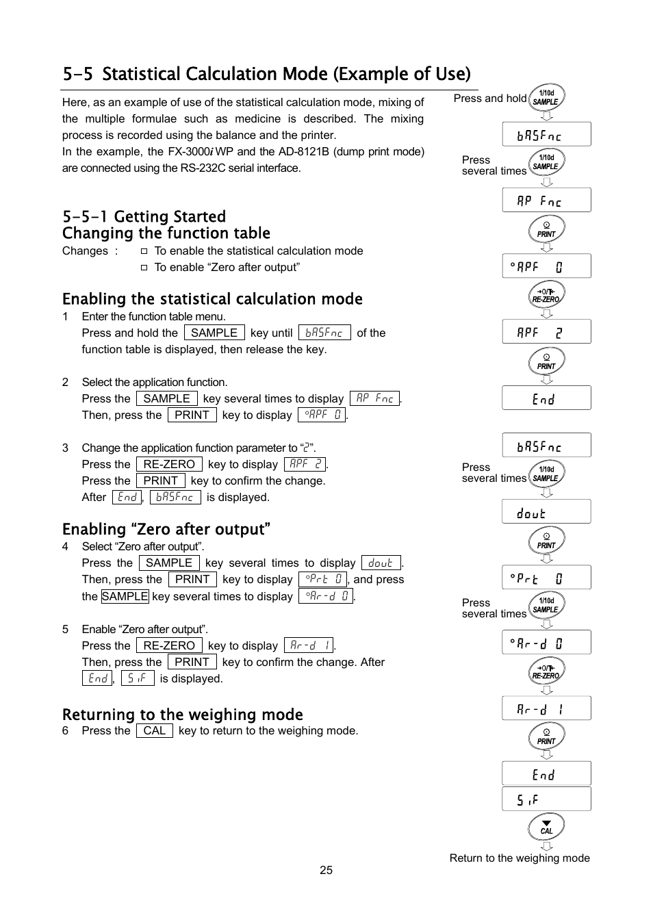 5 statistical calculation mode (example of use), 5-1 getting started changing the function table, Enabling the statistical calculation mode | Enabling “zero after output, Returning to the weighing mode | A&D Weighing FX-3000iWP User Manual | Page 27 / 80