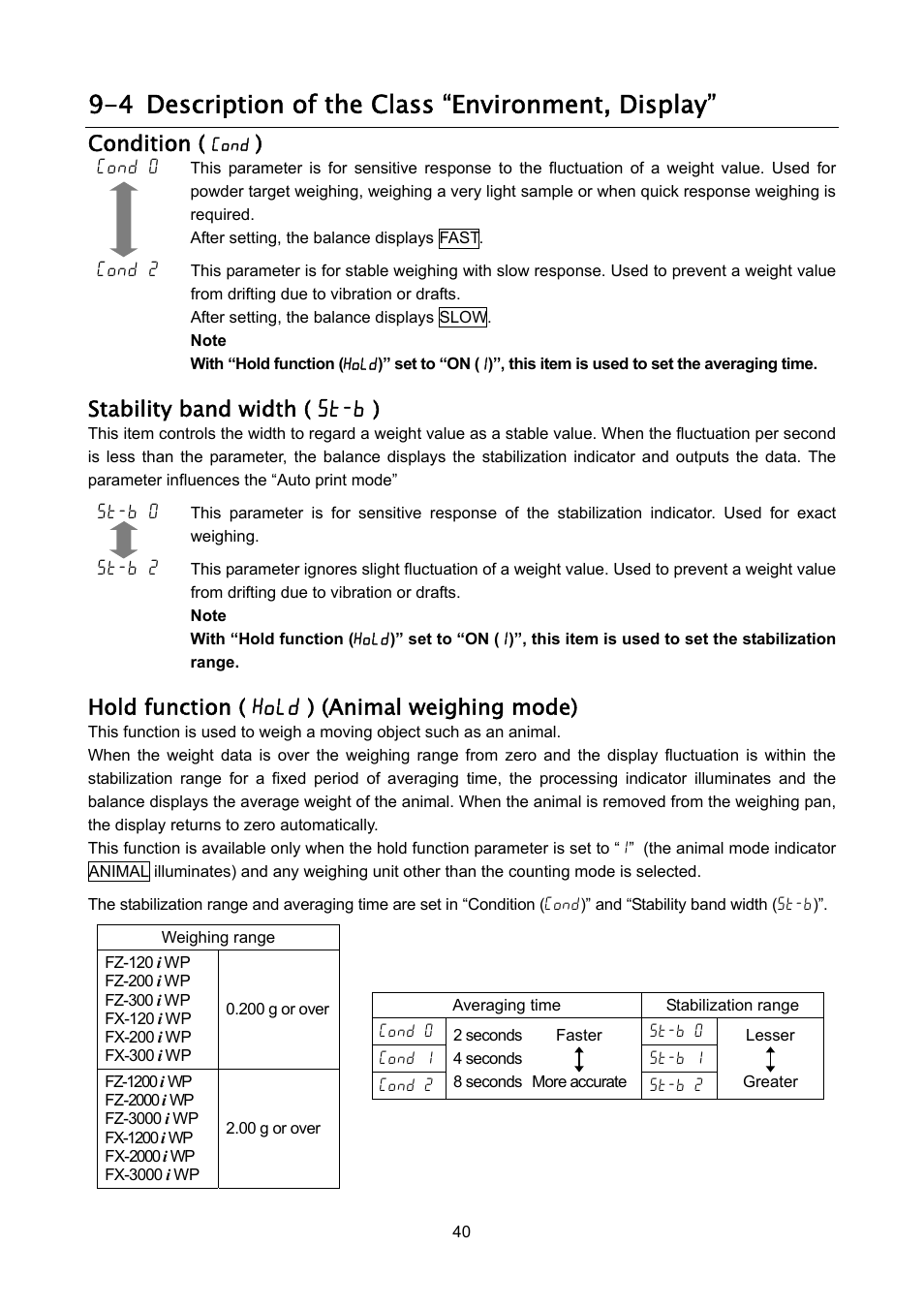 4 description of the class “environment, display, Condition, Stability band width ( 5t-b ) | Hold function ( hold ) (animal weighing mode) | A&D Weighing FX-3000iWP User Manual | Page 42 / 80