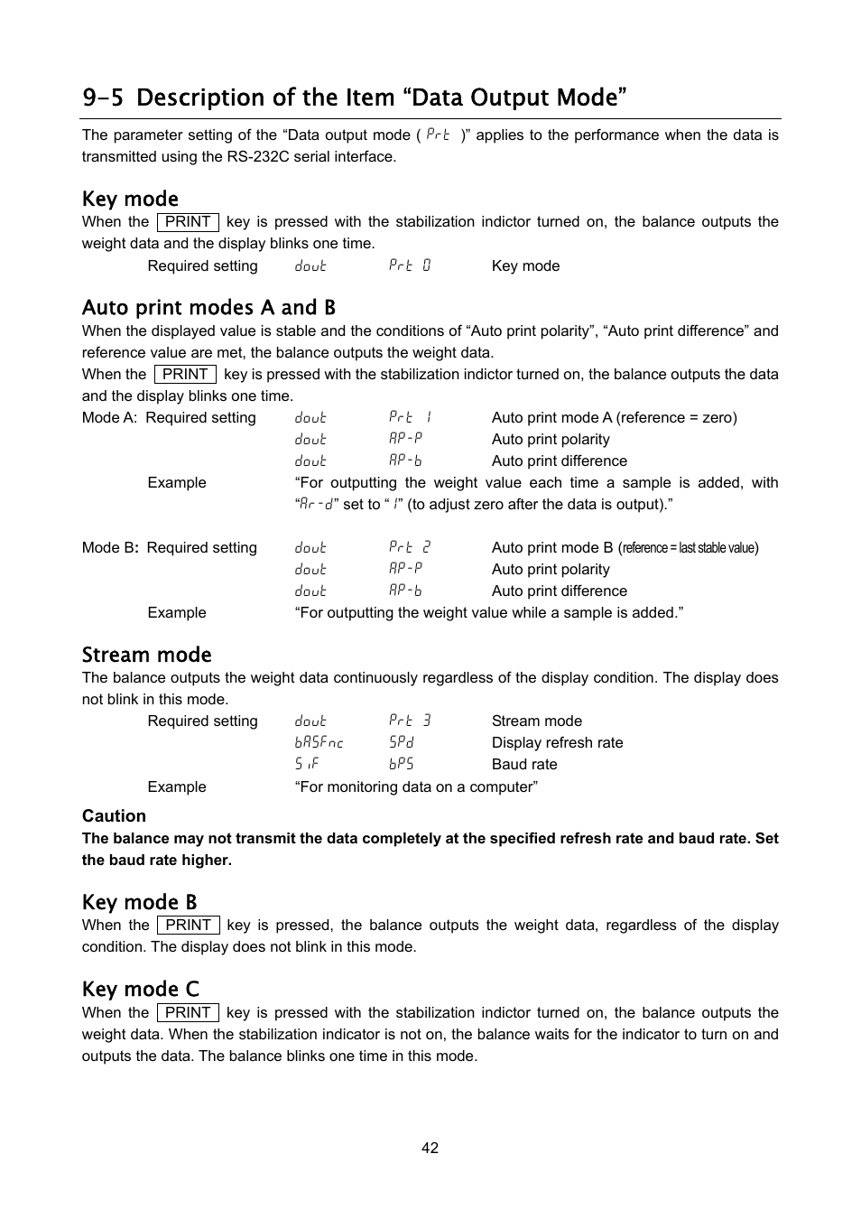 5 description of the item “data output mode, Key mode, Auto print modes a and b | Stream mode, Key mode b, Key mode c | A&D Weighing FX-3000iWP User Manual | Page 44 / 80