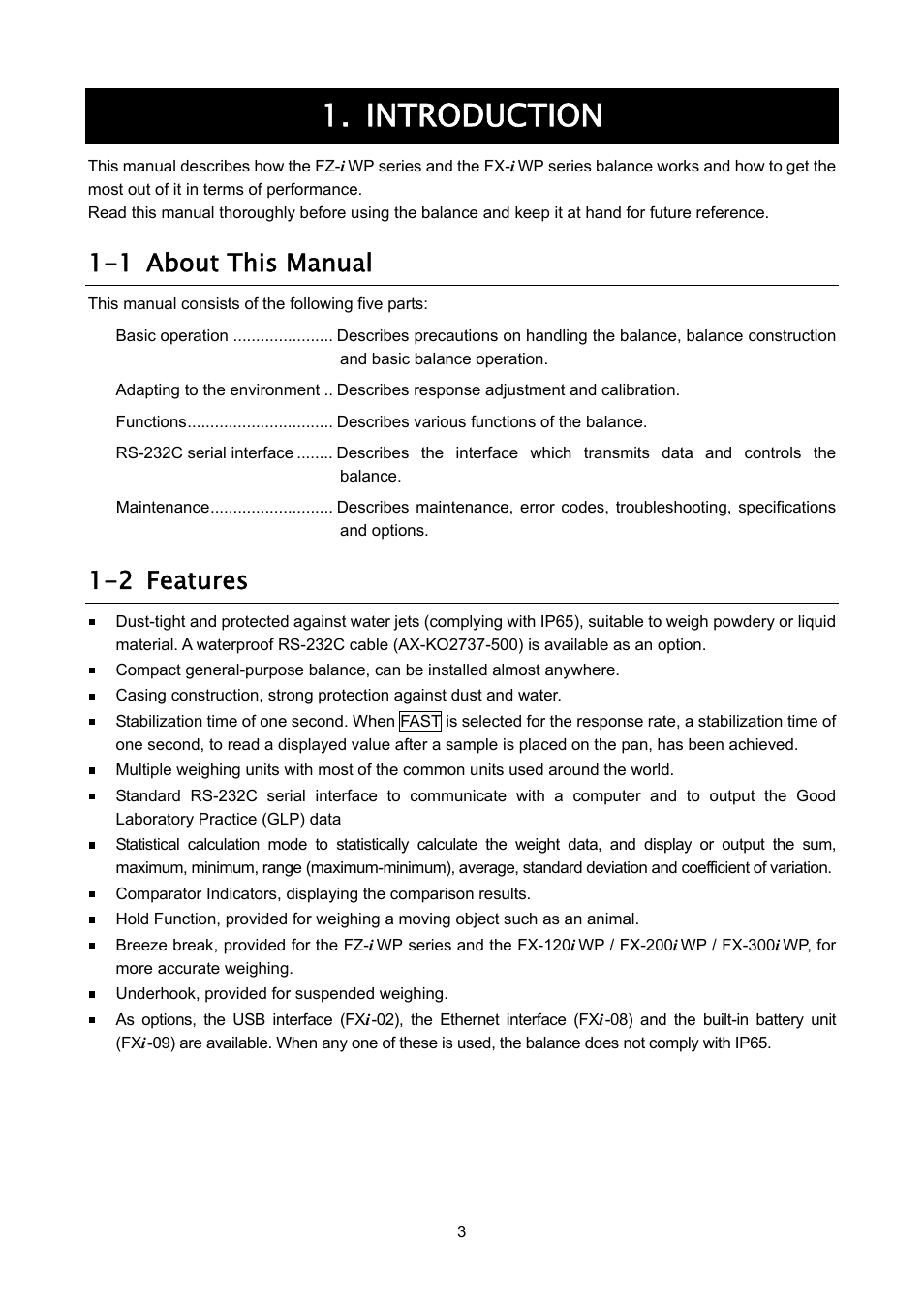 Introduction, 1 about this manual, 2 features | A&D Weighing FX-3000iWP User Manual | Page 5 / 80